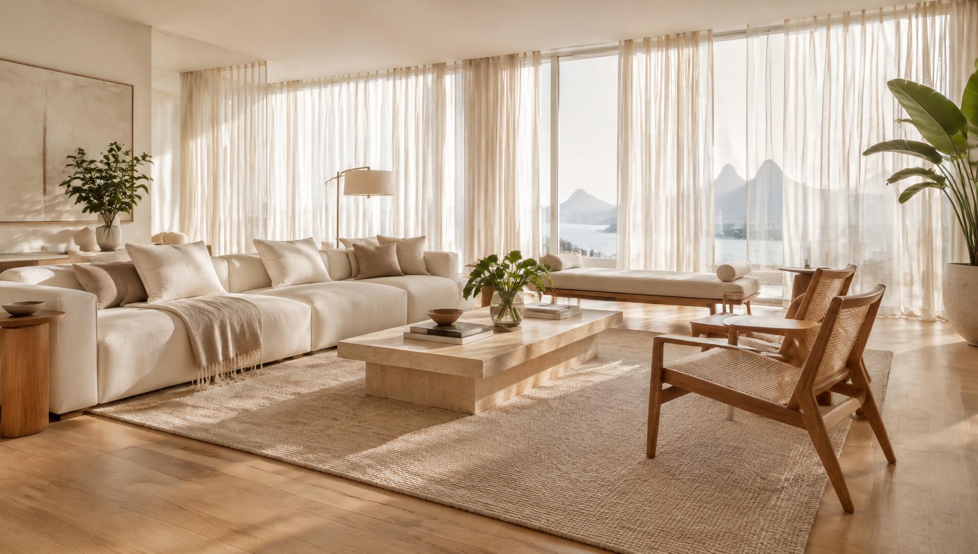Sala de estar clara e sofisticada com cortinas de linho
