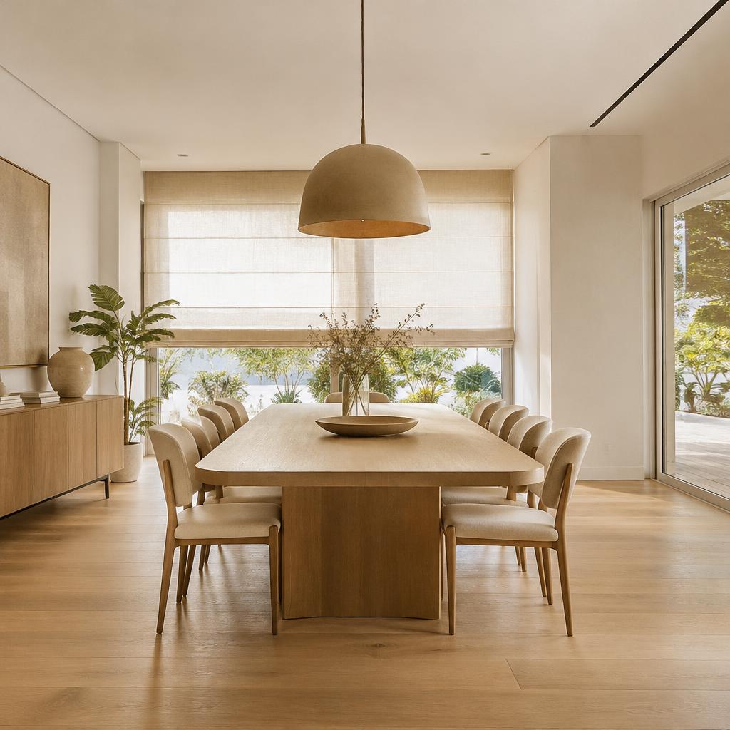Sala de jantar com piso de madeira e persiana romana