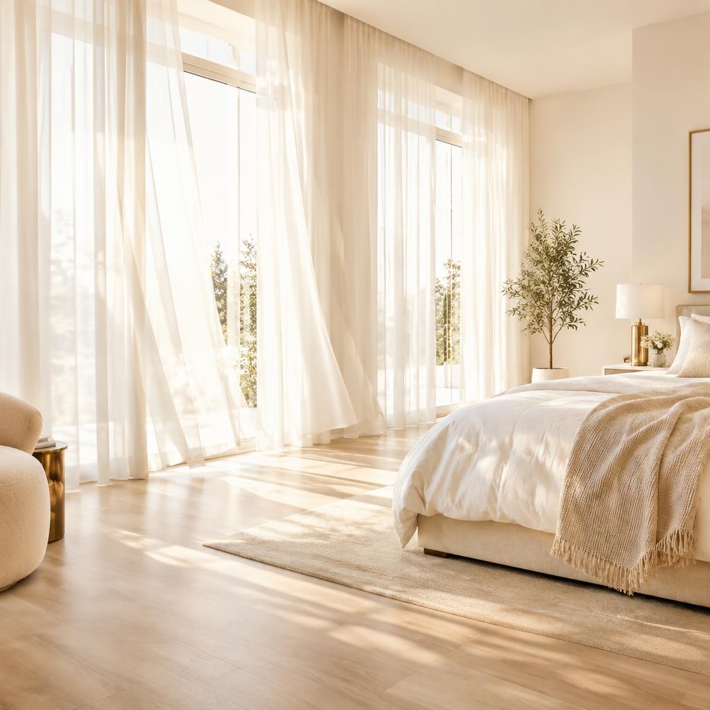 Quarto claro com cortinas voil e piso vinílico