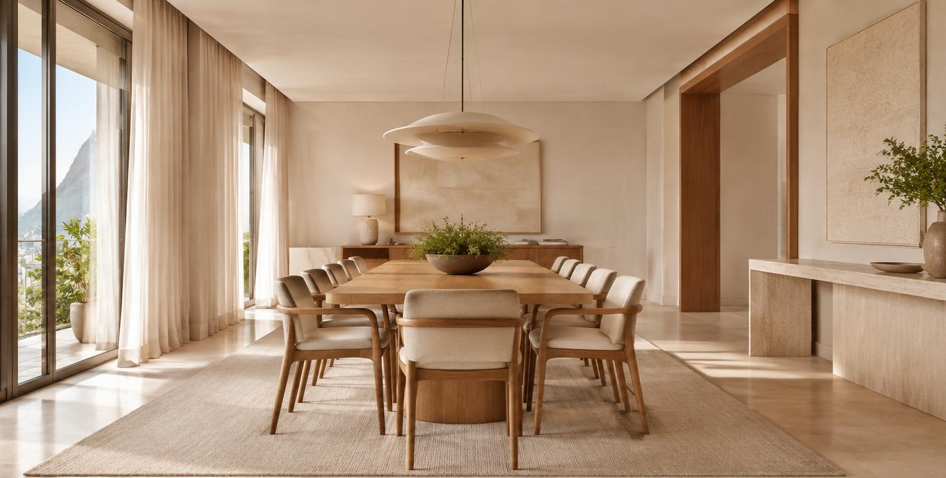 Sala de jantar sofisticada com cortinas sob medida Vagner Decor